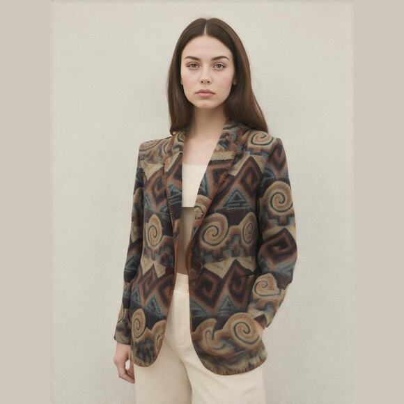 David Paul New York Vintage 80s Brown Aztec Ethnic Soft Flannel Retro Blazer M - Picture 1 of 13